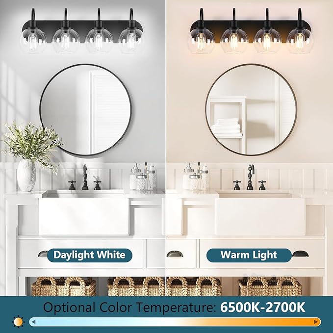 Dpyrrhic Industrial Bathroom Vanity Light， 4-Light Bathroom Lights Over Mirror with Clear Glass Globe Shade and Metal Base, Matte Black Bathroom Vanity Light Fixture