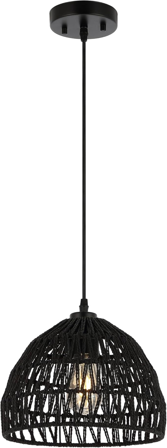 JONATHAN Y 10.25" Black Modern Bohemian Woven Rope LED Pendant Light Fixture, Adjustable Dome Ceiling Lamp for Kitchen Island, Rope Shade, Coastal Farmhouse Decor (JYL6513B)