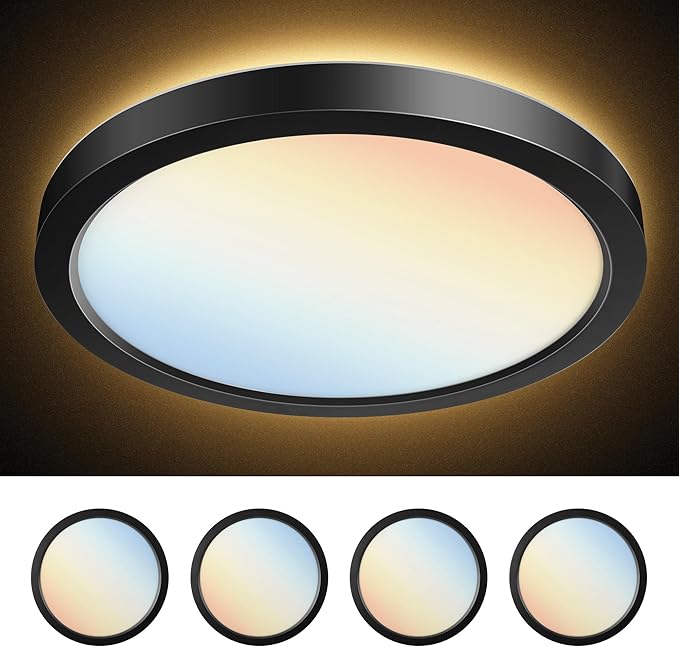 PARMIDA (4 Pack) LED Flush Mount Ceiling Light Fixture with Night Light, 12 Inch, 30W, ETL, 5 Color Selectable, 2400LM, Dimmable Ultra Thin Round Modern Low Profile, for Bedroom, Living Room - Black