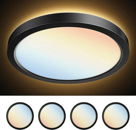 PARMIDA (4 Pack) LED Flush Mount Ceiling Light Fixture with Night Light, 12 Inch, 30W, ETL, 5 Color Selectable, 2400LM, Dimmable Ultra Thin Round Modern Low Profile, for Bedroom, Living Room - Black