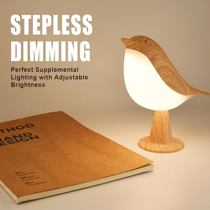 Deogos 2 Cute Bird Lamps Combo,Small Bedside Lamps with 3 Color Temperature and Adjustable Brightness,Rechargeable Cordless Lamp for Bedroom Nightstand Bedside Table (Wood Tone + Red)