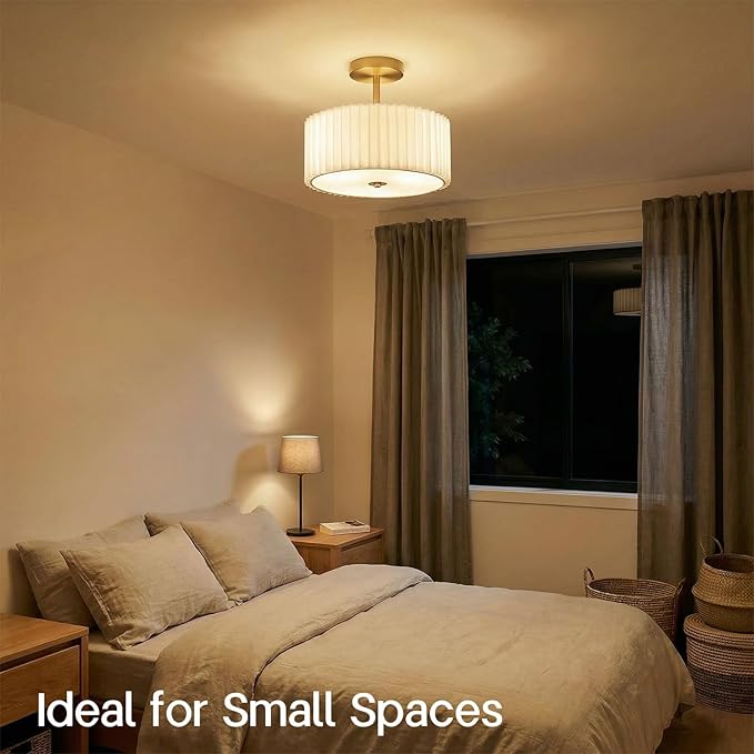 Modern Semi Flush Mount Ceiling Light with Pleated Fabric Shade, 12.5” Drum Gold Light Fixture with Lights, Warm White Linen Lamp for Bedroom, Living Room, Dining Room, Hallway, Kids Room
