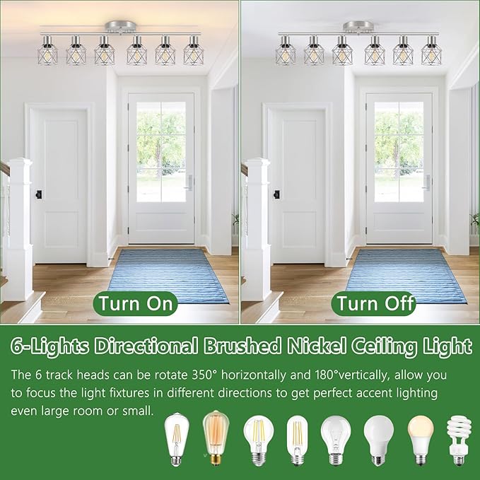 6-Light Brushed Nickel Multi-Directional Semi Flush Mount Ceiling Light, Kitchen Light Fixtures Ceiling Mount, Modern Metal Cage Close to Ceiling Lamp for Dining Room Hallway Entryway