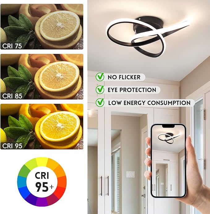 CANEOE Modern LED Ceiling Light Fixture,42W Dimmable Flush Mount Ceiling Light with Remote Black Close to Ceiling Light,3-Color Ceiling Lamp for Bedroom Living Room Kitchen Dining Room Office