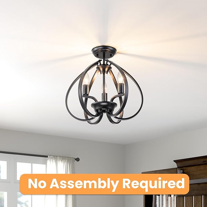 Modern Black Semi Flush Mount Ceiling Light, 15" Farmhouse Globe Cage Chandelier with E12 Base, 40W Max, No Assembly Required, Gothic Semi Flush Ceiling Fixture for Foyer Hallway Bedroom Stairwell