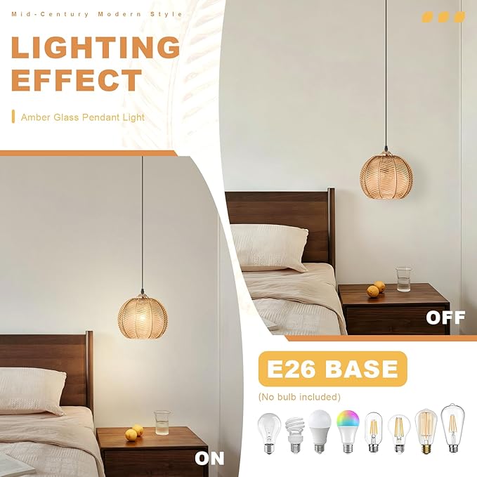 Amber Glass Pendant Lights Kitchen Island Lighting 1-Light Farmhousde Ribbed Globe Pendant Light Fixture Adjustable Gold Ceiling Hanging Lamp for Kitchen Island Dining Room Bedroom Living Room