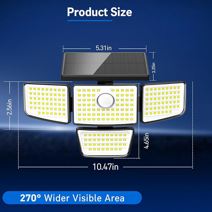Adewalk Solar Outdoor Motion Lights - Upgraded 4Packs 4 Heads 188 LED Security Lights with Motion Sensor Lights, IP65 Waterproof 270° Wide Angle Flood Wall Lights for Home Darkroom Backyard