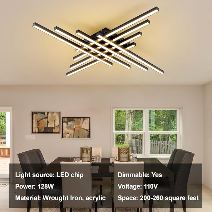 JAYMP 45.7" Modern Ceiling Light with Remote, Black Sputnik Ceiling Lamp, 128W Dimmable LED Lighting Fixture for Dining Room, Living Room, Kitchen Island, 8 Lights