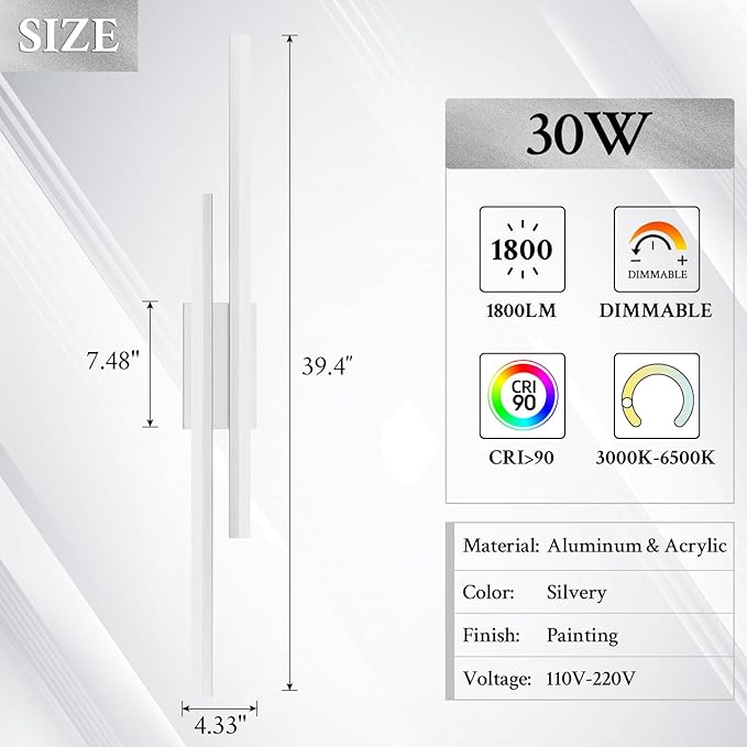 LED Wall Sconce Silver Modern Remote Wall Light Fixtures for Living Room, Dimmable LED Vanity Light Indoor Remote Wall Sconce for Bedside Bedroom Bathroom Dining Room, 39.4inch 1 Pack