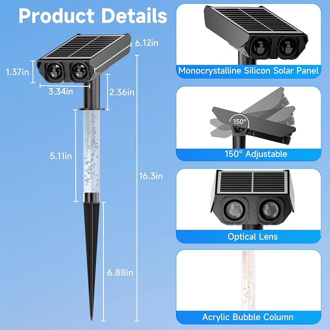 RGB Solar Spot Lights : 2 IN 1 Solar Lights Outdoor with 8 Lighting Modes & PC Light Guide Column for Tree Garden Yard Pathway | RGB Color Changing Landscape Lights | IP65 Waterproof | 6 Pack