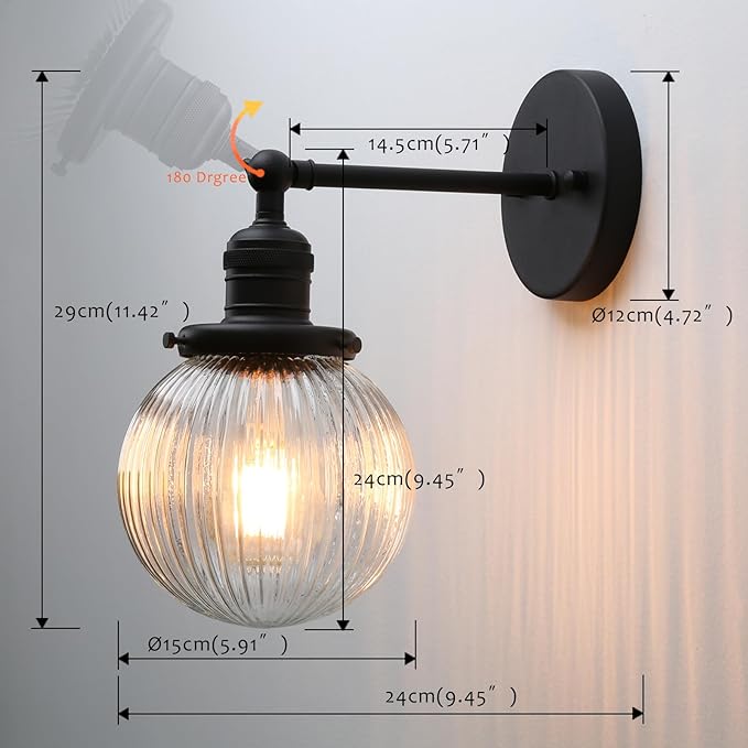 Phansthy 1-Light Wall Sconce, Brass Boho Bathroom Vanity Light, Modern Wall Light with Globe Glass Shade E26 Base, Adjustable Wall Lighting Fixtures for Bedroom, Living Room (Black, Striped Shade)