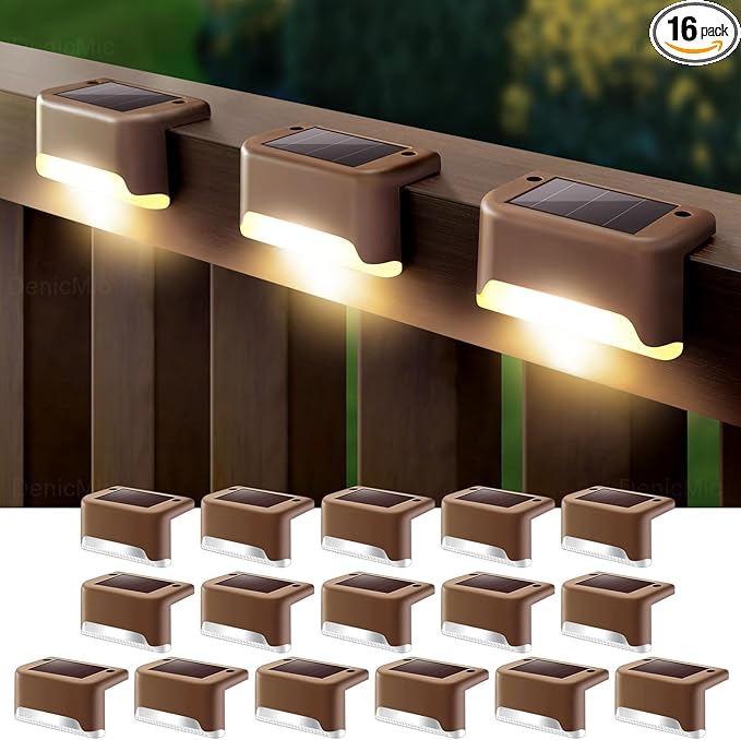 DenicMic 16 Pack Solar Deck Lights Outdoor Waterproof 4000K Warm White LED | Step Fence Patio Yard Stair Railling Pool Side Balcony Front Porch Outside Deck Lighting Decorative 5 Lumen ABS Brown Shell