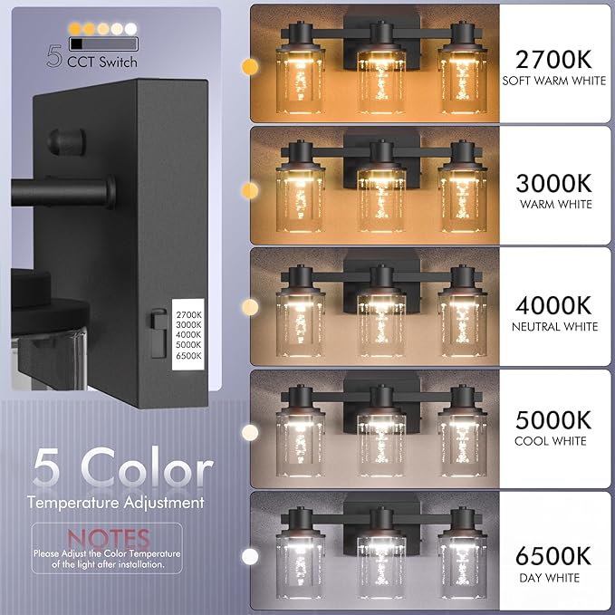 Quntis 3-Light Black Bathroom Light Fixtures with 5 Color Modes, 16 Inch Dimmable Modern Vanity Lighting Fixture Over Mirror, 21 Watts Eye Protection LED Wall Lamp (UL Certified, Bulbs Included)