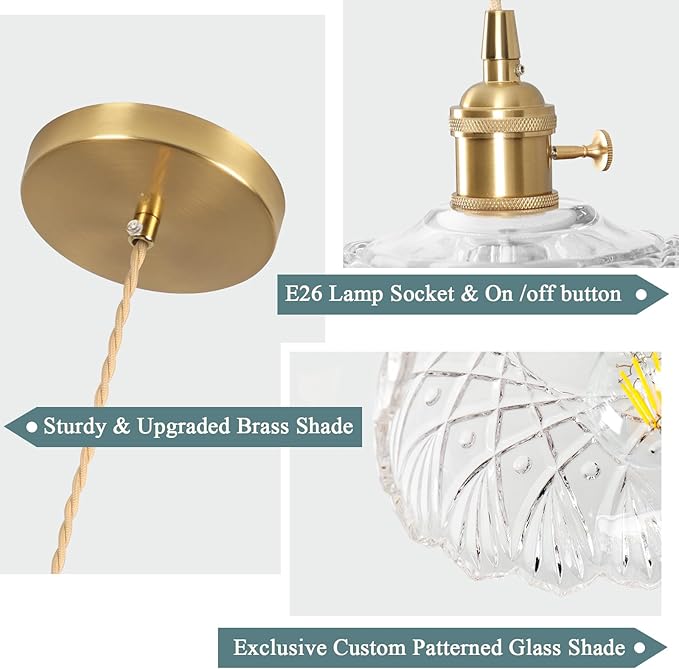 Glass Pendant Light Vintage Light Fixtures,Transparent Modern Chandelier Pendant,E26 Pendant Lights Kitchen Island,9.4inch Hanging Lamp for Bedroom Hotel Dining Room 1 Light