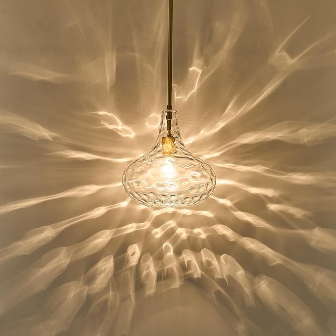 CATINER 11" Clear Glass Pendant Light – Large Hand-Blown Glass Shade with Hammered Texture and Gold Finish, Adjustable Ceiling Hanging Light for Kitchen Island, Dining Room, Hallway, Living Room