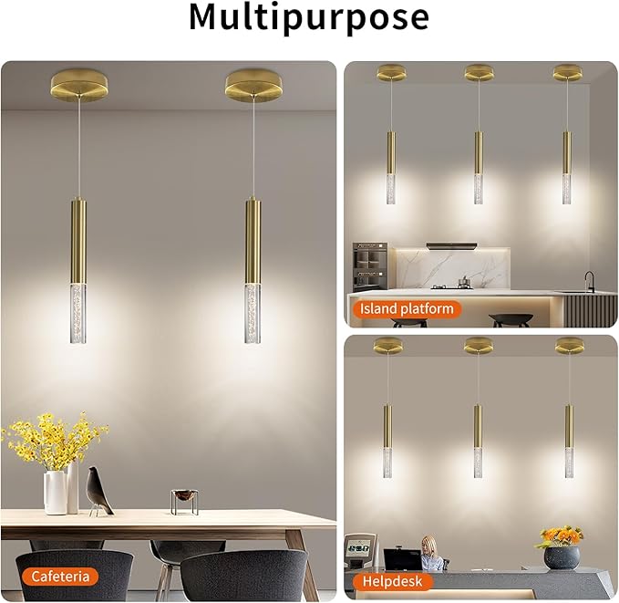 3 Pack Gold Linear LED Pendant Lights, Modern Minimalist Hanging Light Fixtures, Bubble Acrylic, 3 Color 3000K/4500K/6500K, Ceiling Chandeliers Lights for Kitchen Island, Dining Room, Bedroom, Bar