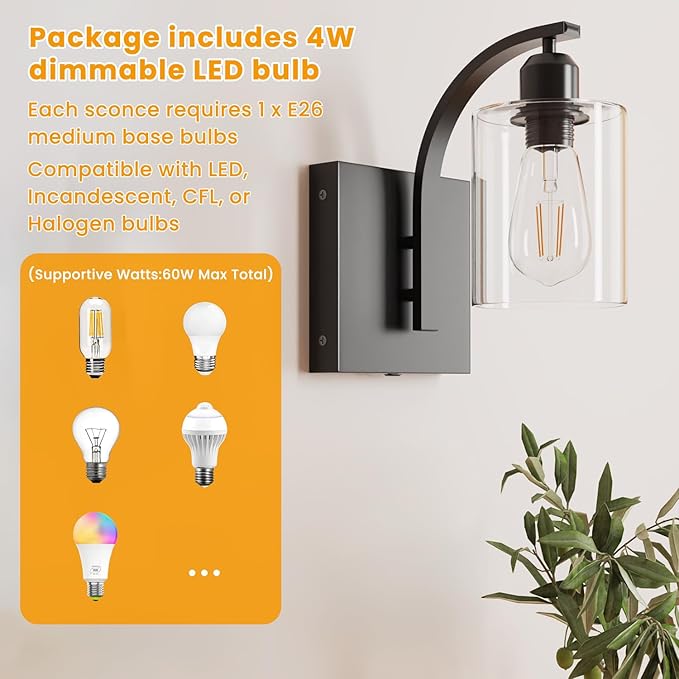 LGMCF Battery Operated Bathroom Sconces Set of 2 Non-Hardwired Modern Magnetic Rechargeable Wall Sconces Matte Black Wall Lighting Fixtures with Clear Glass Shade for Bathroom Bedroom and Living Room