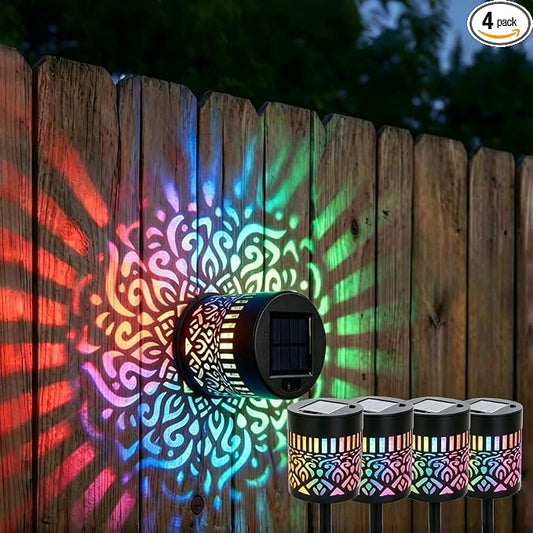 Decorative Solar Mandala Lights, Metal Solar Powered Outdoor Wall Lights Solar Powered Deck Step Stair Light, Waterproof Mandalas Fence Light for Garden Yard Backyard Post Patio Decor (4, Flower)