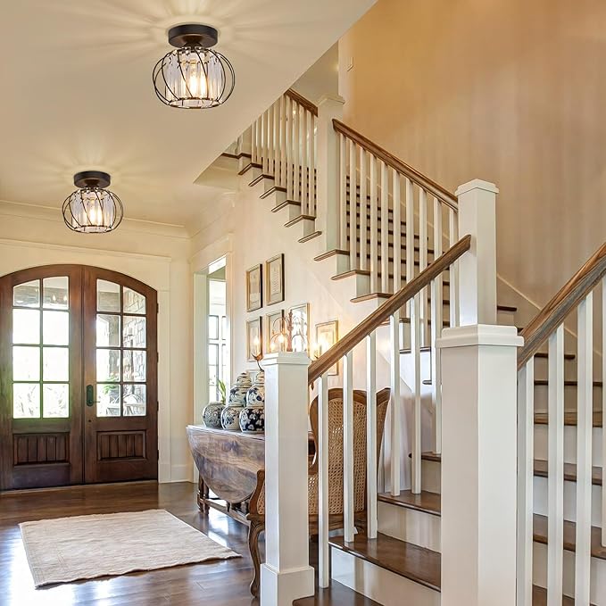 Semi Flush Mount Crystal Ceiling Light Pack of 2, Metal Cage Hallway Ceiling Lamps, Farmhouse Ceiling Light Fixture, Industrial Crystal Chandelier for Corridor Bathroom Kitchen (Black, 7.5 Inch)