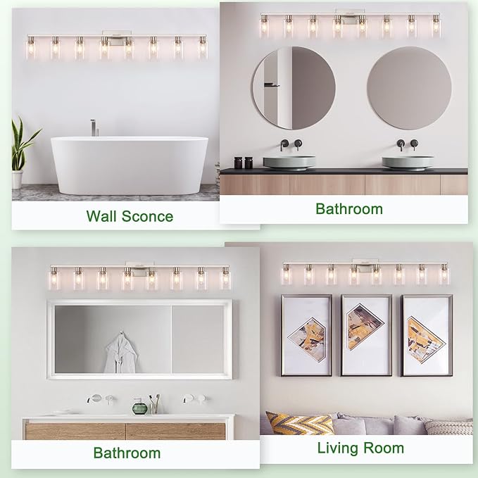 8 Light Bathroom Vanity Light,Modern Large Brushed Nickel Bathroom Light Fixtures Clear Glass Shade Rust and Moisture Prevention and Easy to Install Vanity Lights for Bathroom Lights Over Mirror