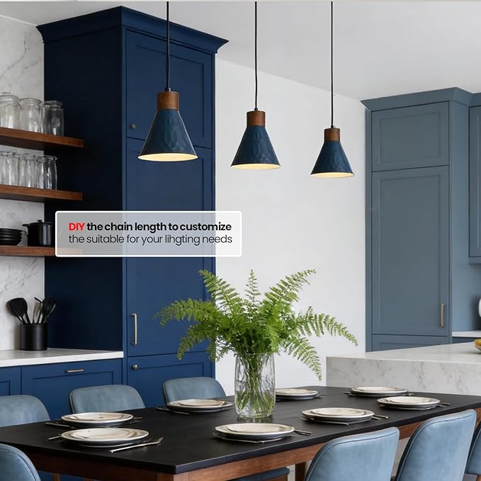 Farmhouse Pendant Lights for Kitchen Island, Modern Blue and Wood Dome Pendant Light Fixtures, Industrial Hanging Pendant Lighting for Dining Room Foyer Cafe Kitchen Sink, 3 Pack