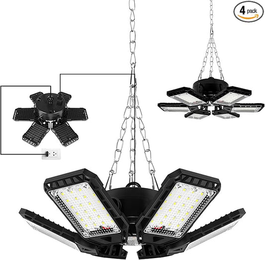LED Garage Lights 4 Pack -180W, 18000LM 6500K Led Shop Light with 6+1 Deformable Panels, Basement Barn Light Garages Ceiling Lights, E26/E27 for Garage, Warehouse, Shop, Basement