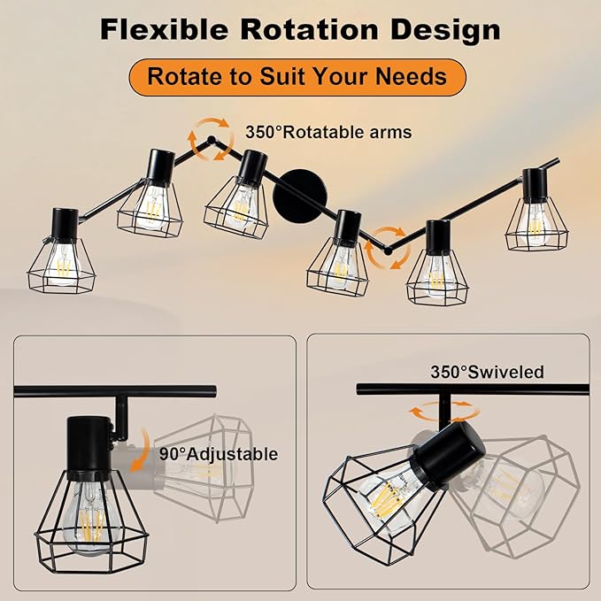 LTBLIGHT 6-Light Track Lighting Fixtures Ceiling, Adjustable Track Light Fixture, Black Metal Wire Cage Farmhouse Spotlight for Kitchen, Bedroom, Hallway, E26 Base(Bulbs Not Included)