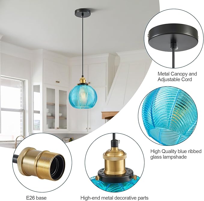 7.8in Vintage Pendant Light 1- Light Kitchen Sink Pendant Lights with Blue Hand Blown Glass Small Hanging Lamp for Kitchen Island Dining Room Bedroom Bathroom Hallway E26