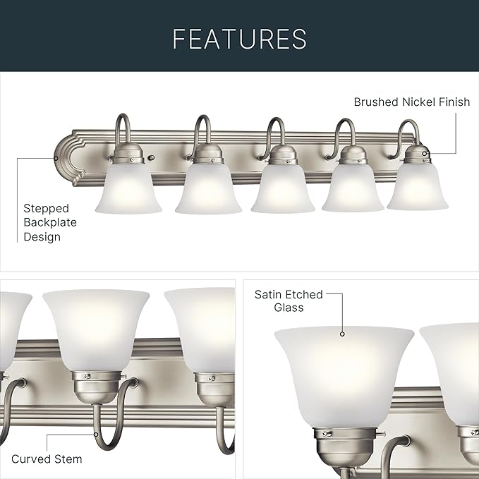Kichler 30" 4-Light Vanity Bath Light in Brushed Nickel, Modern Bathroom Light with Clear Satin Etched Glass, (30" W x 8" H), 5338NIS
