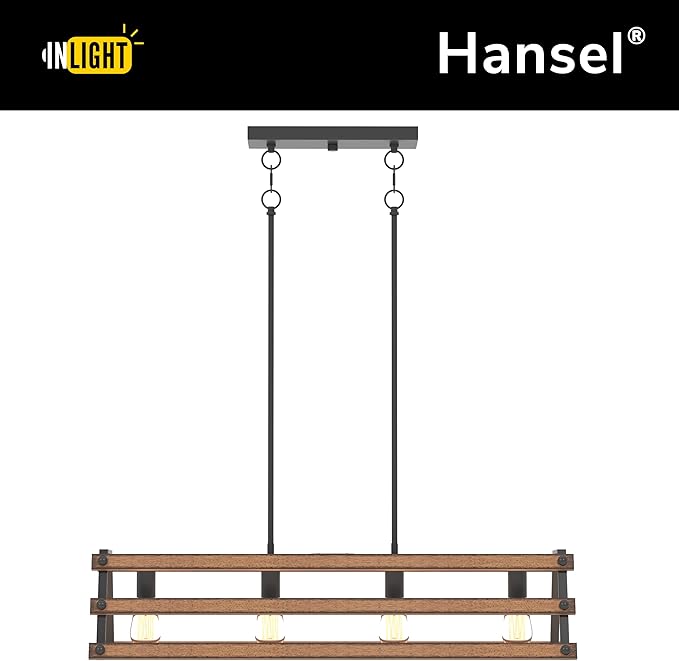 Inlight 34" Wide Farmhouse 4-Light Kitchen Island Pendant Light, Textured Black and Faux Painted Wood Finish, Rustic and Industrial Design Linear Chandelier for Dining Room, IN-0335-4-WD