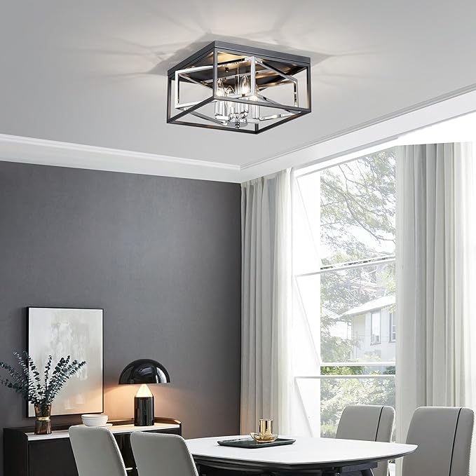 Square Ceiling Light, 4-Light Flushmount Modern Close to Ceiling Light Fixture for Living Room, Bedroom, Dining Room, L13 x W13 x H7 inch, Black & Chrome Finish Frame