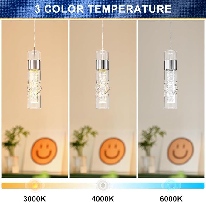 WILON Pendant Lights Kitchen Island, 24W Modern Kitchen Island Lights Brushed Nickel, Ceiling Lighting Fixtures with Crystal Bubble, Integrated LED Hanging Light for Dining Room Restaurant(3 Pack)