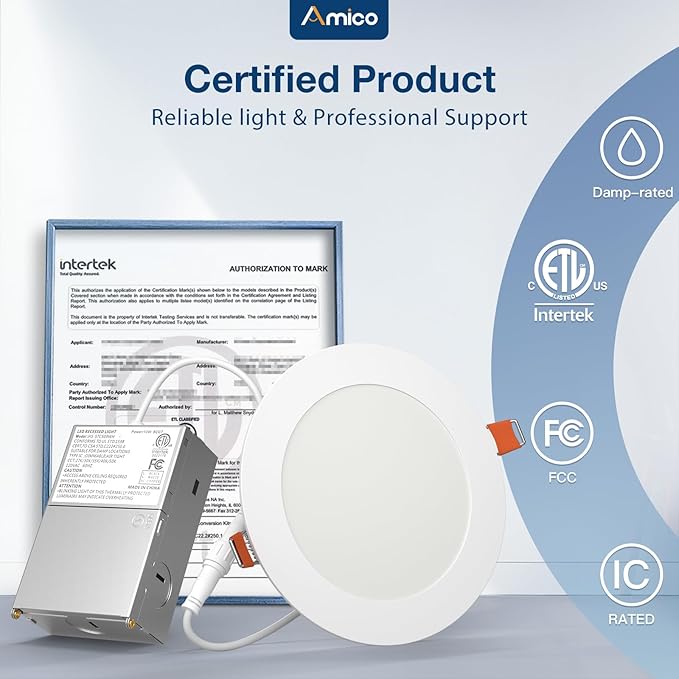 Amico 12 Pack 5 Inch 5CCT Ultra-Thin LED Canless Recessed Ceiling Light with Junction Box, 2700K/3000K/3500K/4000K/5000K Selectable, 11W=75W, 900LM High Brightness, Dimmable Wafer Downlight, ETL&FCC