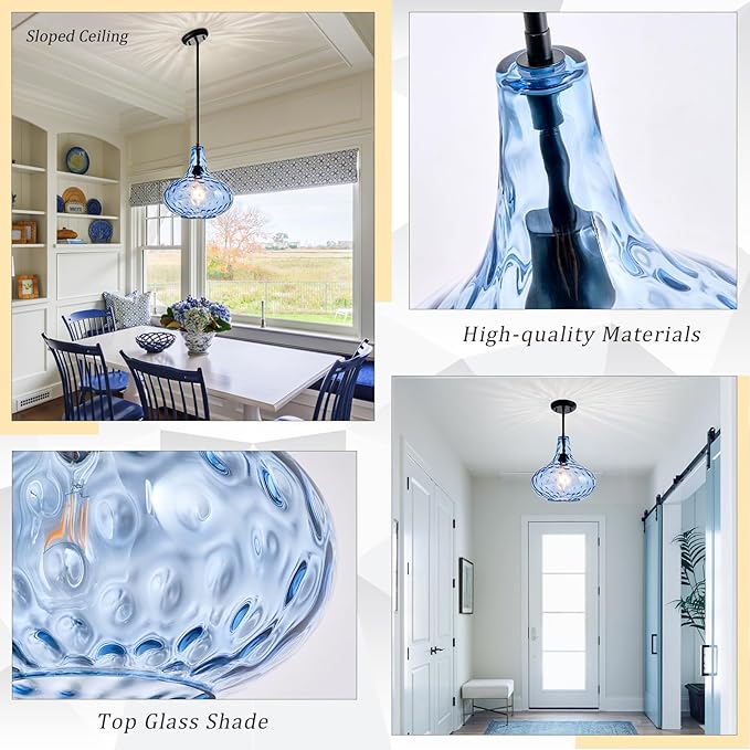 CATINER 11" Hand-Blown Blue Glass Pendant Light, Modern Hammered Glass Hanging Light Fixture with Black Finish, Adjustable Ceiling Pendant Lighting for Kitchen Island, Dining Room, Living Room