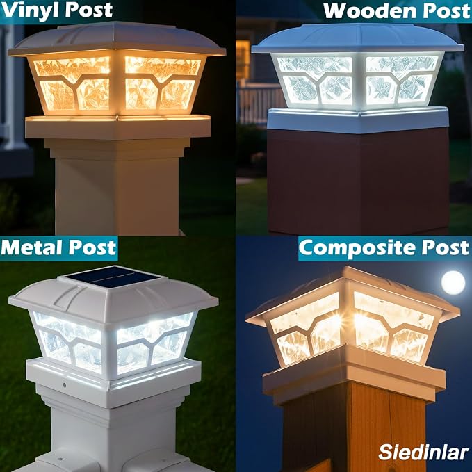 SIEDiNLAR Solar Post Cap Lights Outdoor 2 Color Modes 8 LEDs for 4x4 5x5 6x6 Posts Fence Deck Patio Decoration Warm White & Cool White Lighting White (1 Pack)