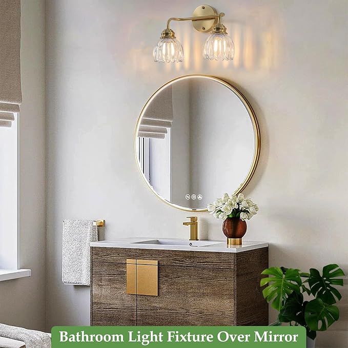 2 Light Vintage Bathroom Light Fixtures, Gold Bathroom Vanity Light, Brass Finish with Clear Tulip Glass Shade, Wall Lighting for Bedroom, Living Room, Hallway,E26 Base