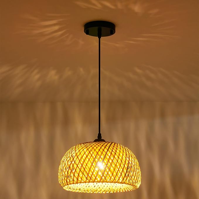 TERLEENART Bamboo Pendant Light,1pcs Boho Round Basket Chandelier Handmade Woven Pendant Light, Natural Bamboo Rattan Hanging Chandelier for Kitchen Island Dining Room Living Room Porch