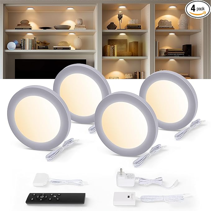 V4light Smart Under Cabinet Lights, Plug-in Puck Lighting with App, Voice & Motion Control, Dimmable 2700K–6500K, Compatible with Alexa & Google Home, Kitchen, Closet & Shelf Lighting(4 Pack)