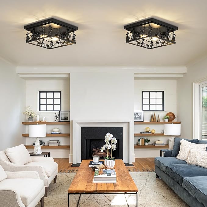 2 Pack Rustic Industrial Flush Mount Ceiling Light, 11" Black Metal Cabin Design E12 Square Ceiling Light Fixture, for Kitchen, Foyer, Bedroom Farmhouse Lighting (Bulbs Not Included)