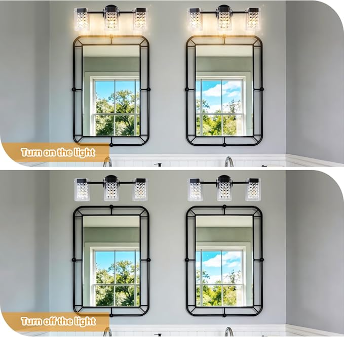 Modern Crystal Vanity Lights, 3-Light Black Bathroom Light Fixtures with Clear Shades, Bathroom Lighting Fixtures Over Mirror Wall Light for Hallway, Decoration,Bedroom（Exclude Bulb）