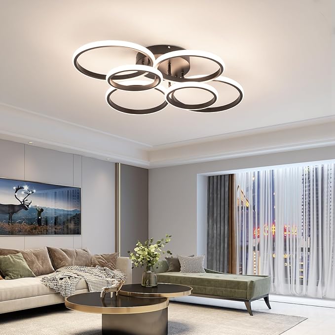 Modern Ceiling Lights, 6 Rings Dimmable Black LED Ceiling Light Fixtures with Remote Control, 60W Close to Ceilings Lighting for Living Room, Bedroom, Dining Room