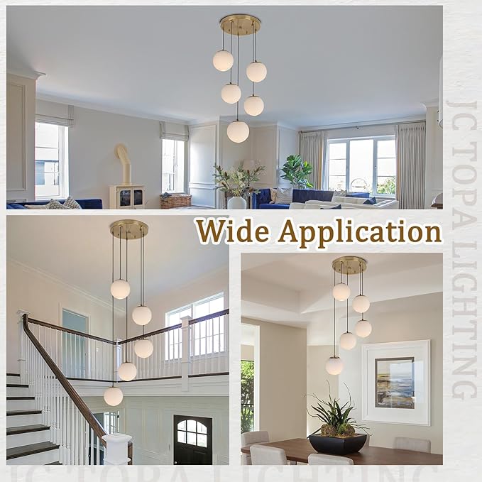 Modern Globe Cluster Chandeliers, 5-Light White Glass Pendant Light Multi Cluster Pendant Lighting Mid Century Chandelier for Living Room Staircase Foyer Entryway, Brass