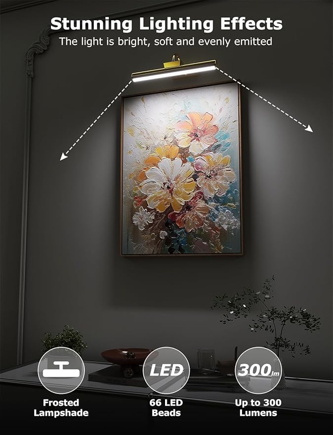 Skairipa Picture Light Battery Operated, Wireless Art Light for Paintings, Dimmable 5000mAh Recharging Battery Picture Light with Remote Control for Wall, Gallery Dartboard Art Bedroom (Gold-1Pack)