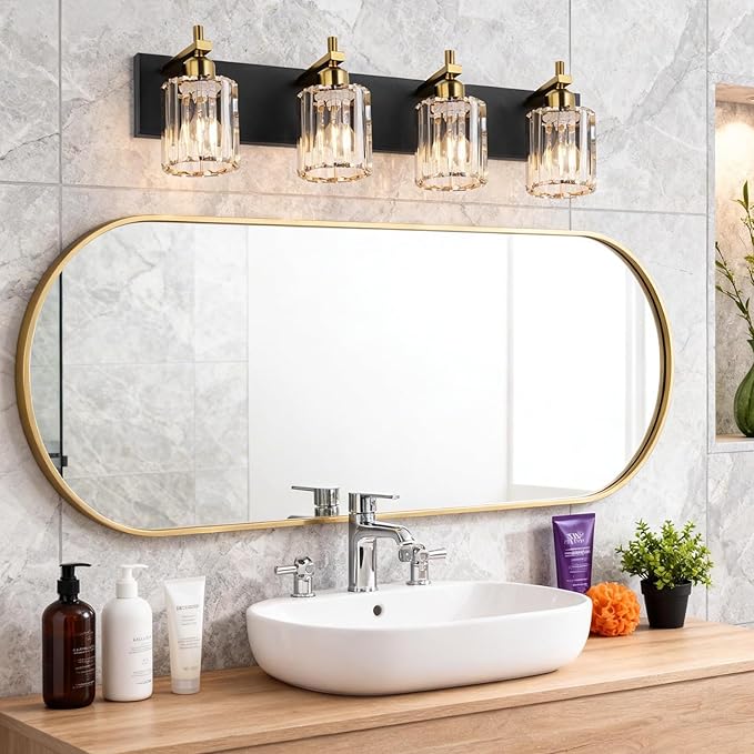 She's home 4 Light Crystal Vanity Lights for Bathroom - Black and Gold Modern Bathroom Vanity Lights Over Mirror 28 Inch, Bathroom Wall Lighting E26 Base