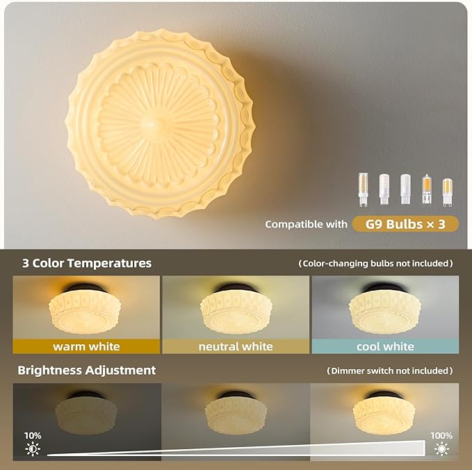 Schoolhouse Vintage Glass Ceiling Light - Small 12 Inch Cream Yellow Mid Century Modern Flush Mount Lighting Fixtures - Art Deco Lamp for Bedroom Kitchen Entryway Laundry Hallway Foyer Bathroom Hall