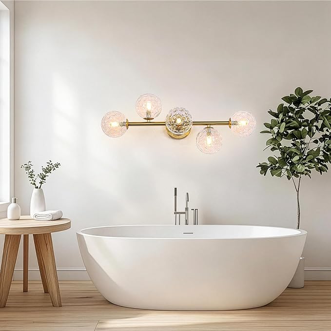 Gold Brass Globe Vanity Light - Vintage 5-Lights Wall Sconce - Sphere Round Lights Fixture with Hammered Clear Glass Shade - Mid Century Modern Sconces for Bathroom Bedroom Living Room Entryway Porch