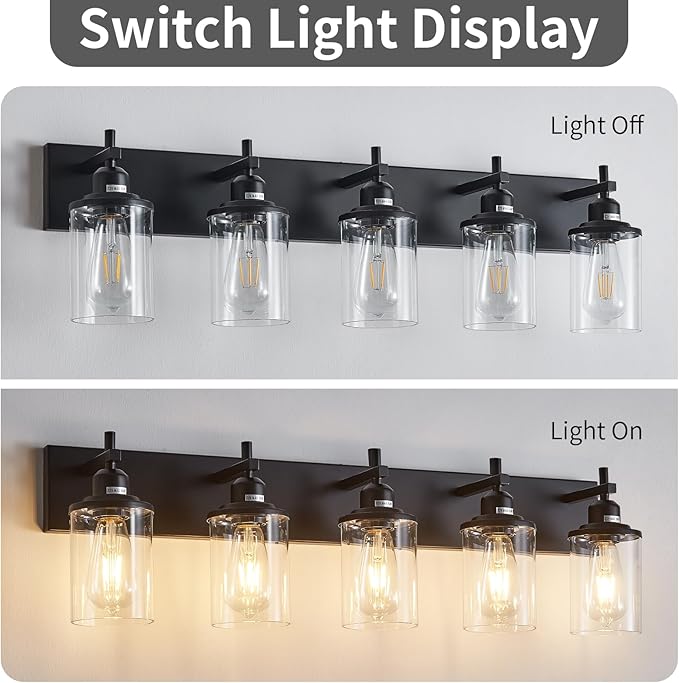 Lanhall 5-Light Black Bathroom Light Fixture Over Mirror Modern Farmhouse Bathroom Vanity Light Vintage Wall Lighting with Clear Glass Shade for Bathroom, Bedroom, Hallway, Cabinet