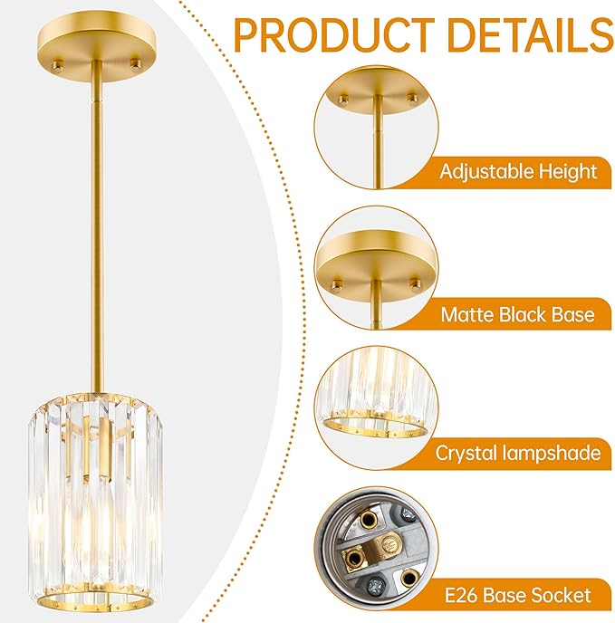 Gold Pendant Light, Modern Crystal Pendant Lights Kitchen Island, Kitchen Island Lighting with Adjustable Height, UL Certified Island Lights for Kitchen Dining Room Bedroom Hallway 1 Pack