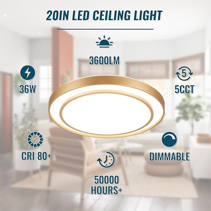 2Pack 20" LED Flush Mount Ceiling Light Fixture Gold, 36W Dimmable Light Fixture Ceiling Mount Round Overhead, Modern Close to Ceiling Light for Living Room, Foyer, Kitchen, Bedroom