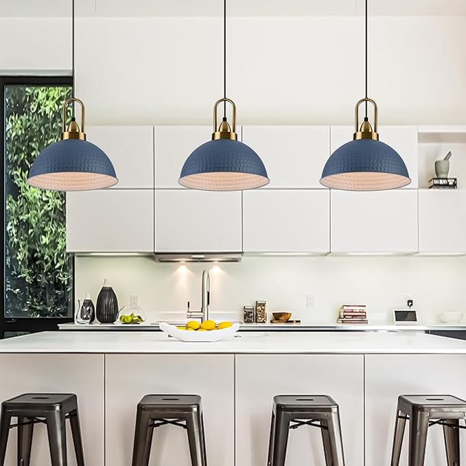 Blue Pendant Lights Kitchen Island Industrial Adjustable Height Vintage Dome Hanging Light Fixtures for Barn, Dining Room 3 Packs
